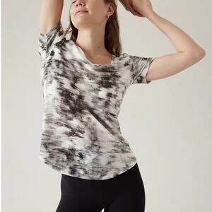 Athleta Black + White Abstract Striping Breezy Scoop V Neck Tee - Small